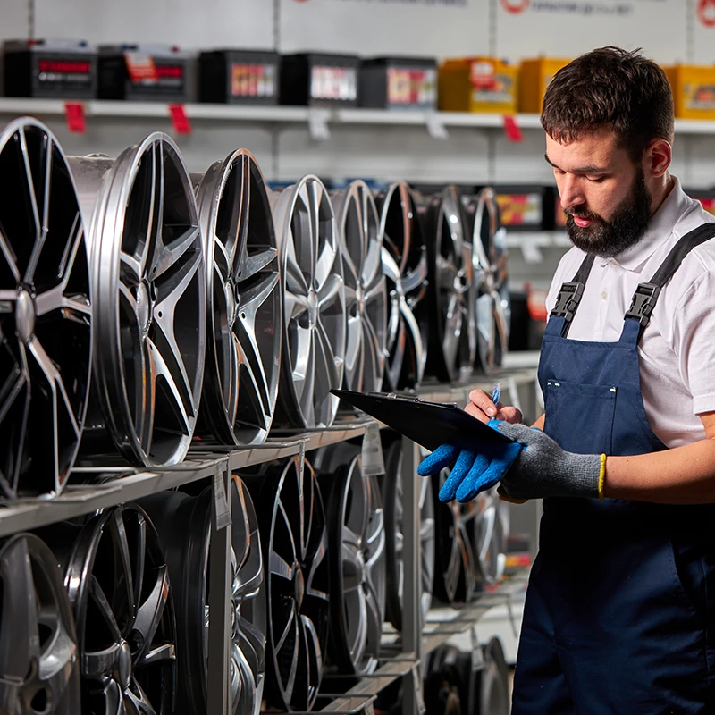 Technicien Bomerée Pneus conseillant le choix de jantes et pneus auto à Montigny-le-Tilleul.